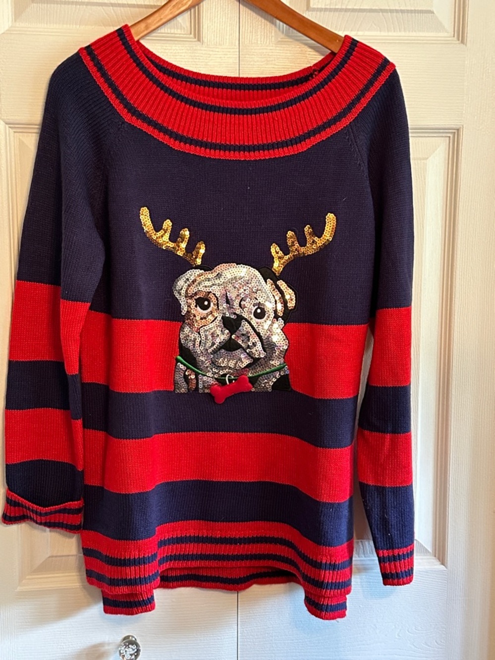 Holiday Time Navy and Red Striped Crewneck Sweater with Dog Sequin Motif